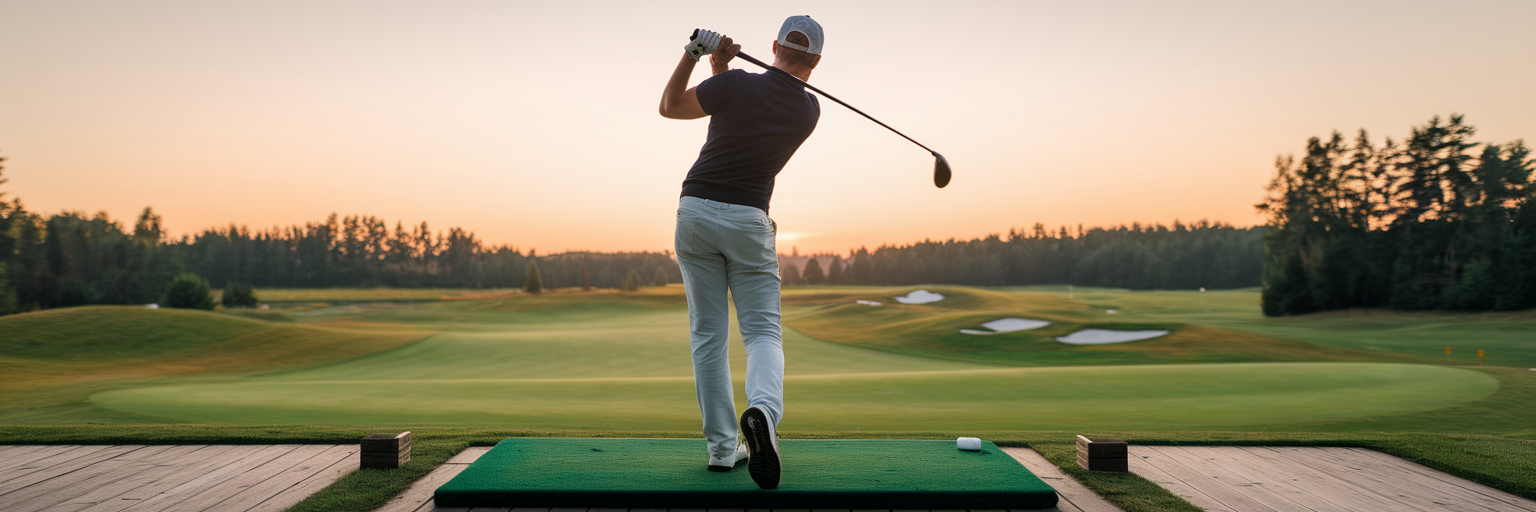 Beginner golfer at a driving range.