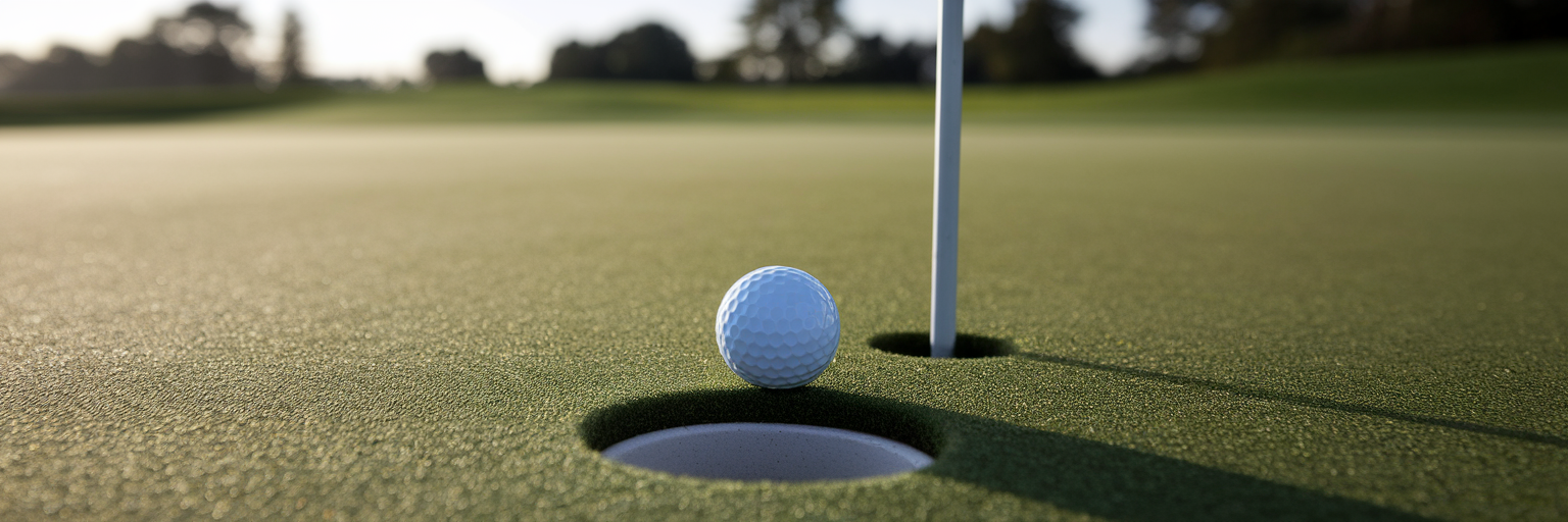 Golf ball near hole on putting green.