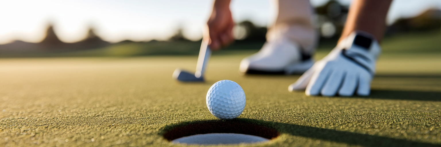 Golf ball on the green near the hole.