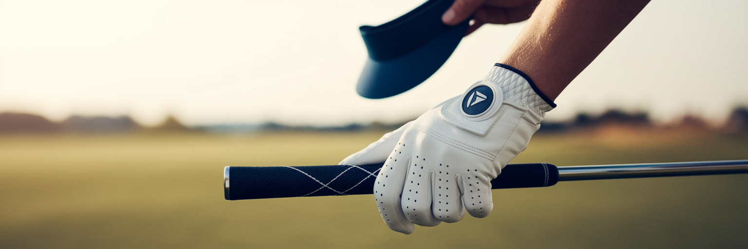 Golfer adjusting visor while wearing a golf glove.