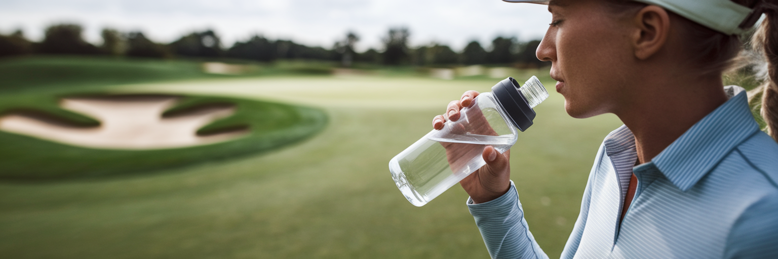 Golfer drinking water on the course.