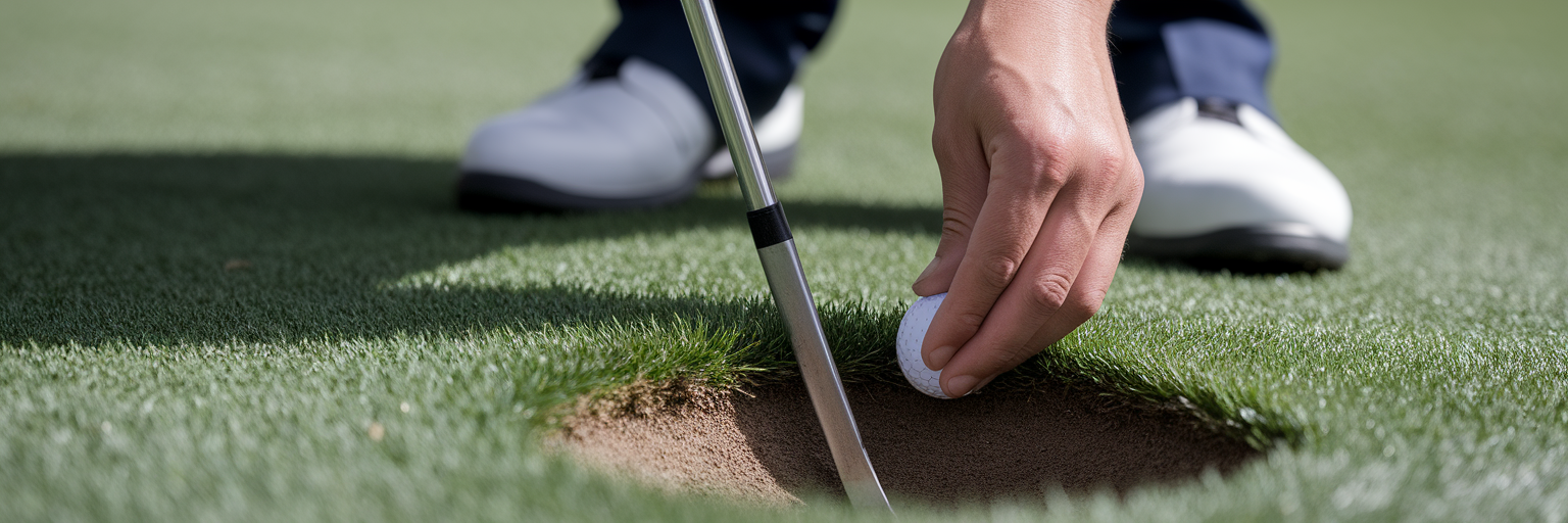 Golfer replacing a divot on fairway