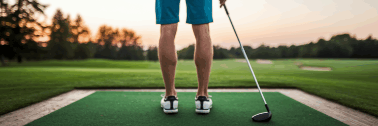 Beginner golfer at driving range sunset.