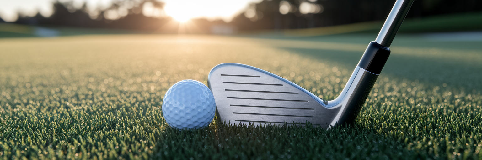 Golf club and ball on dewy grass.