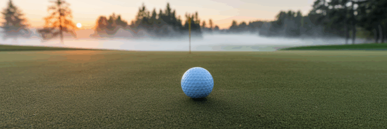 Golf ball on tee box at sunrise.