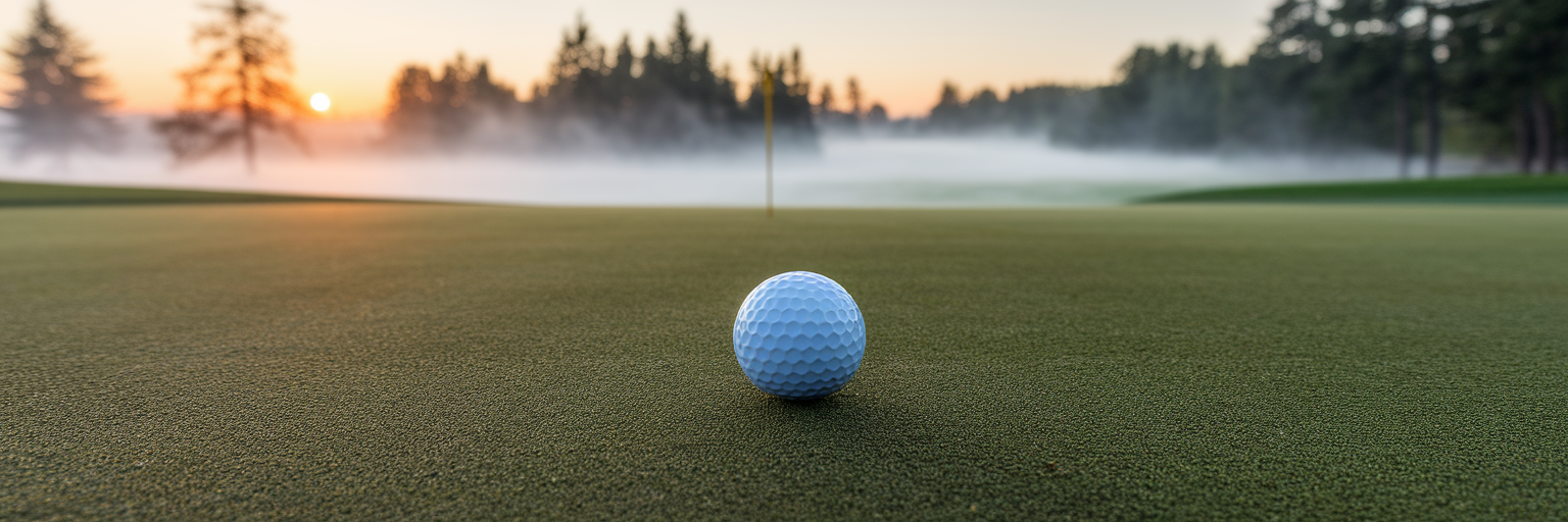 Golf ball on tee box at sunrise.