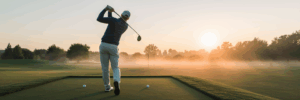 Beginner golfer at sunrise driving range.