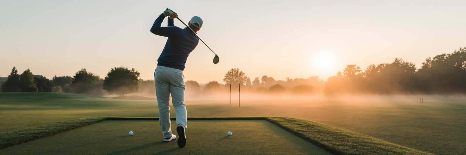 Beginner golfer at sunrise driving range.