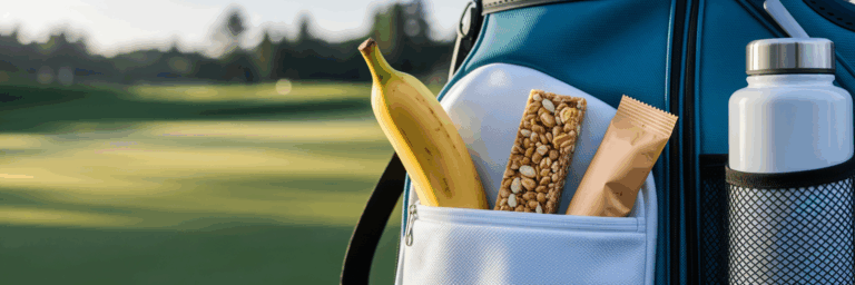 Healthy golf snacks and water bottle in bag.