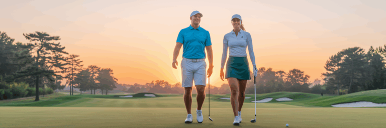Two beginner golfers walking on a fairway.