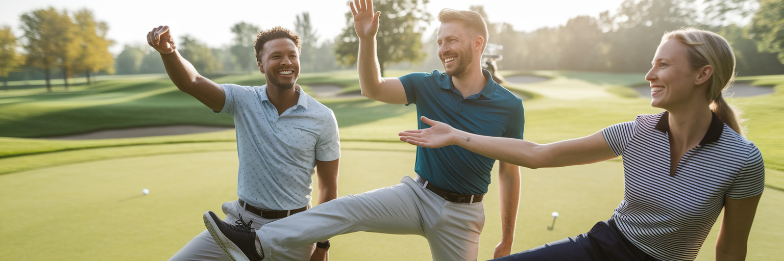 Beginner golfers warming up together on course.