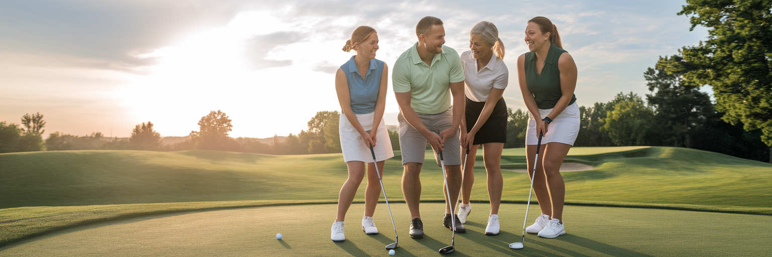 Beginner golfers enjoying a round at sunset.