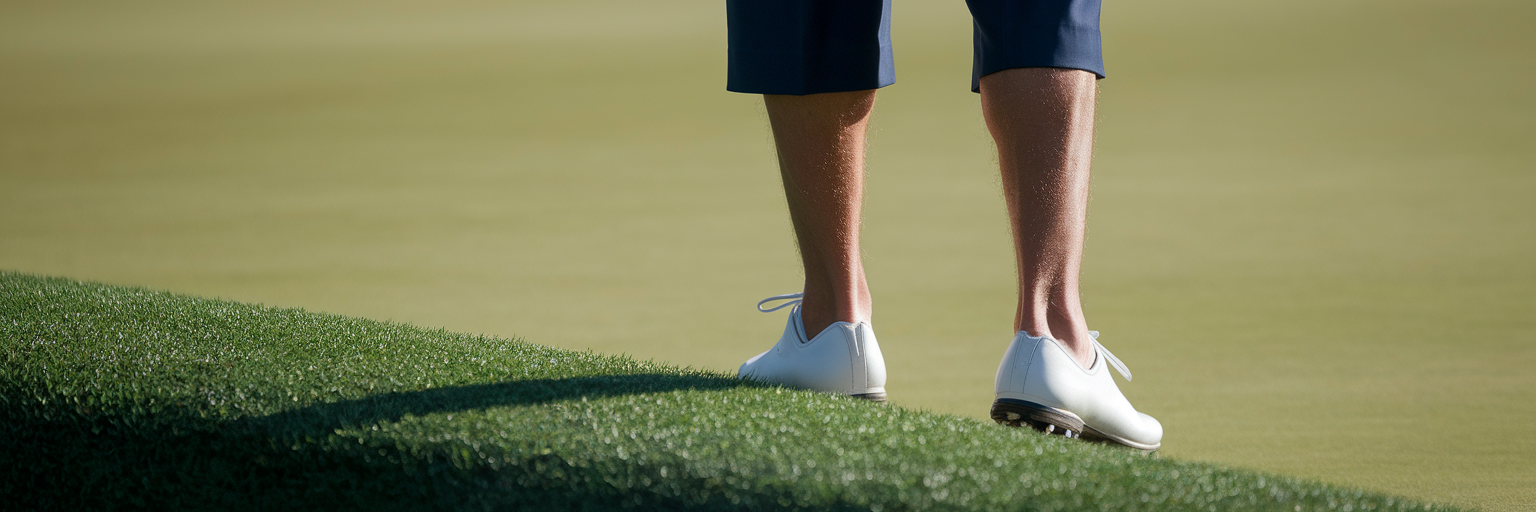 Man wearing tailored golf shorts and spikeless shoes.