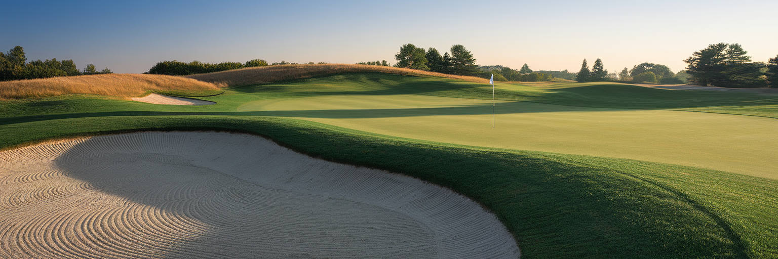 Sand bunker next to a golf green.