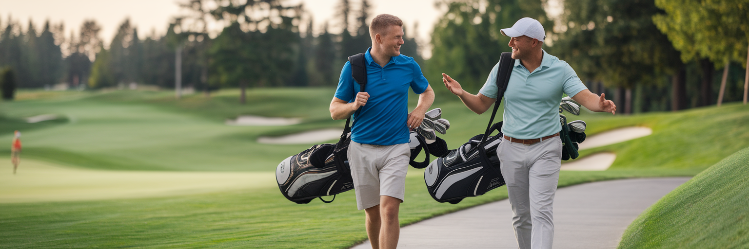 Two friends walking on a golf course