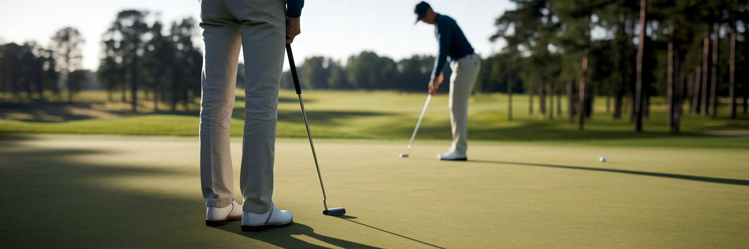 Two golfers showing respect on the green.