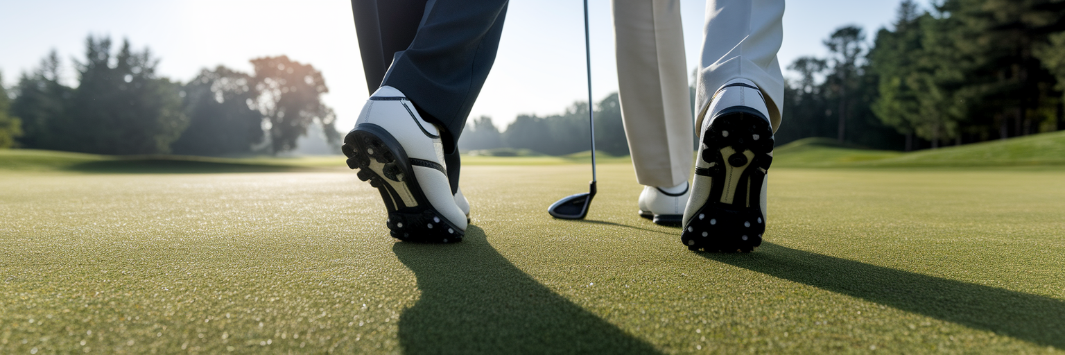 Two golfers walking together on fairway.