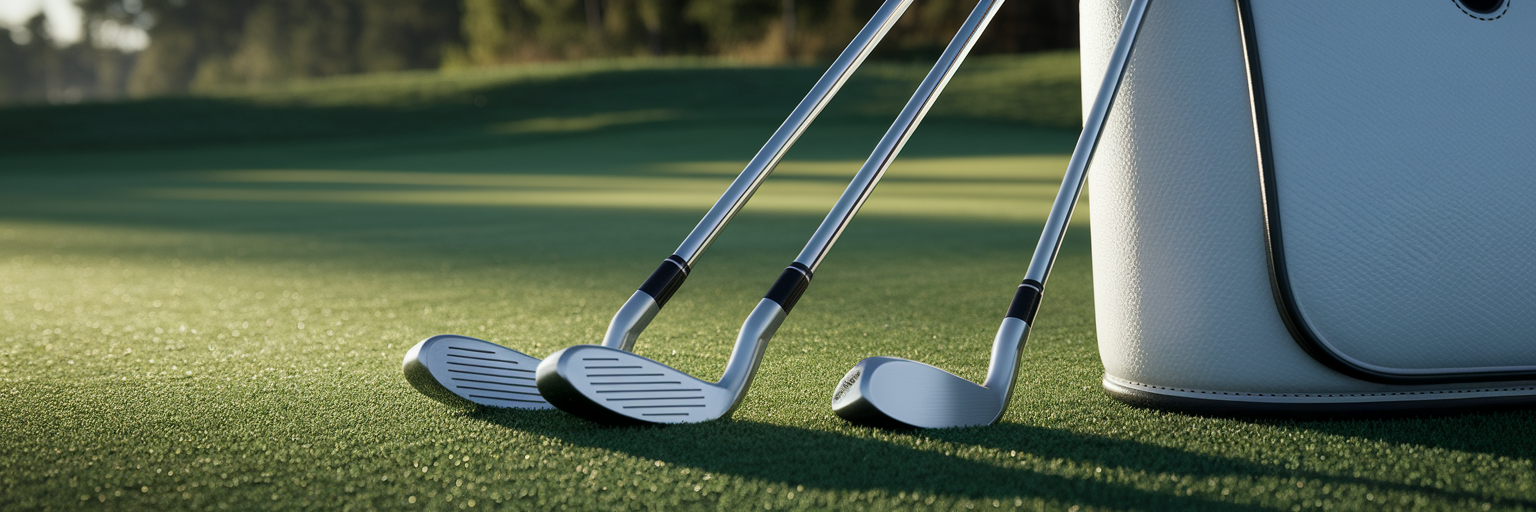 Essential beginner golf clubs in bag on fairway.