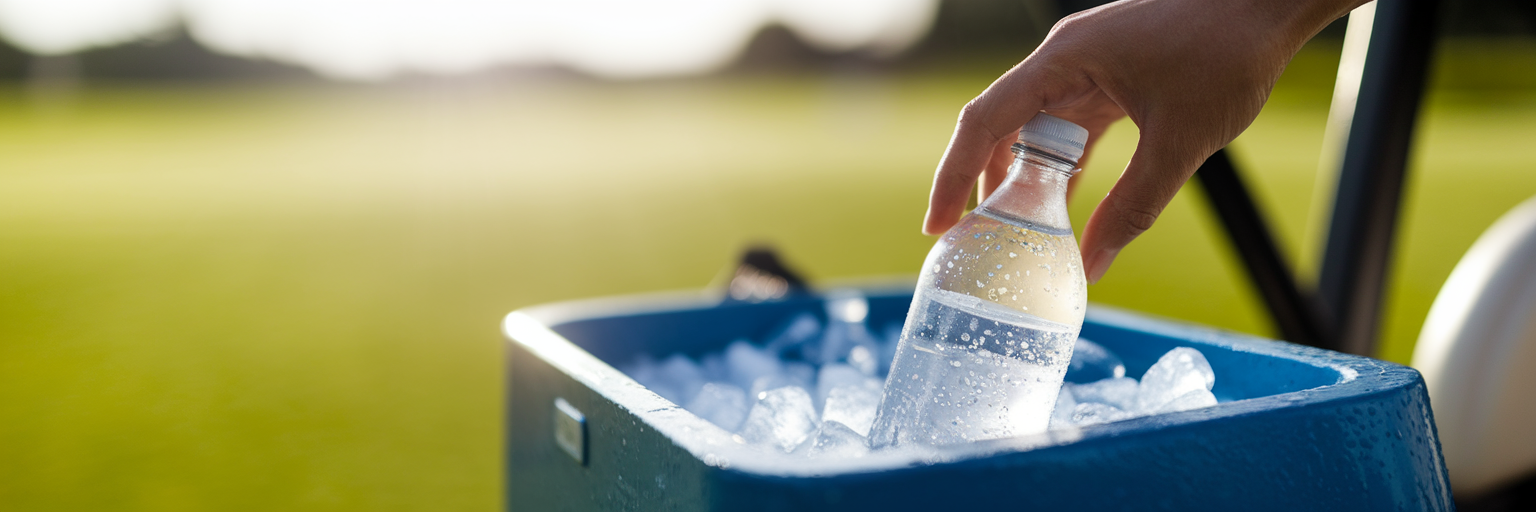 Golfer grabbing cold water from cooler.