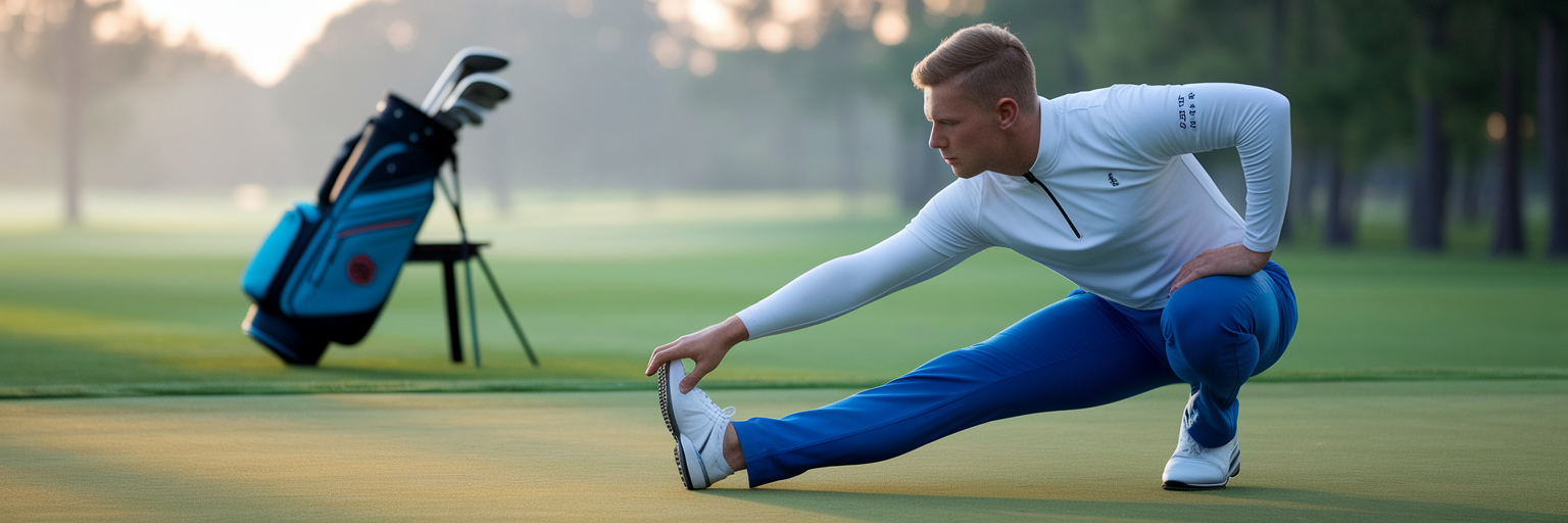 Golfer performing a pre-round back stretch.