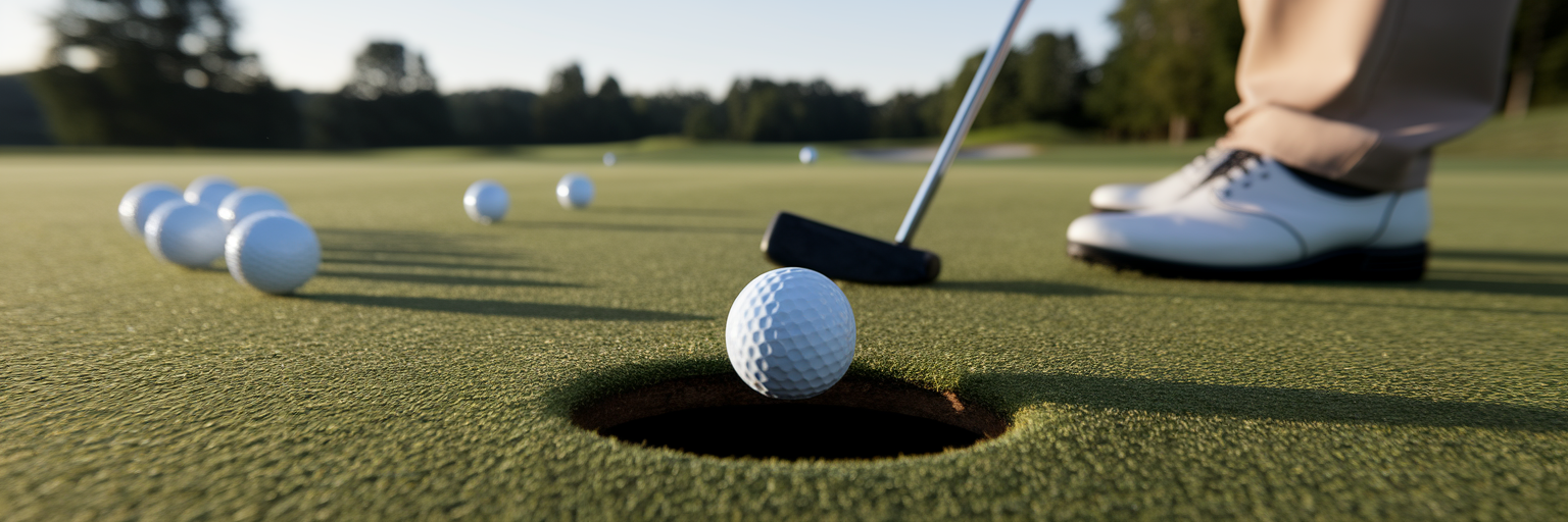 Golfer practicing putting on a green.
