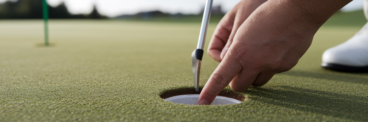 Golfer repairing pitch mark on green.