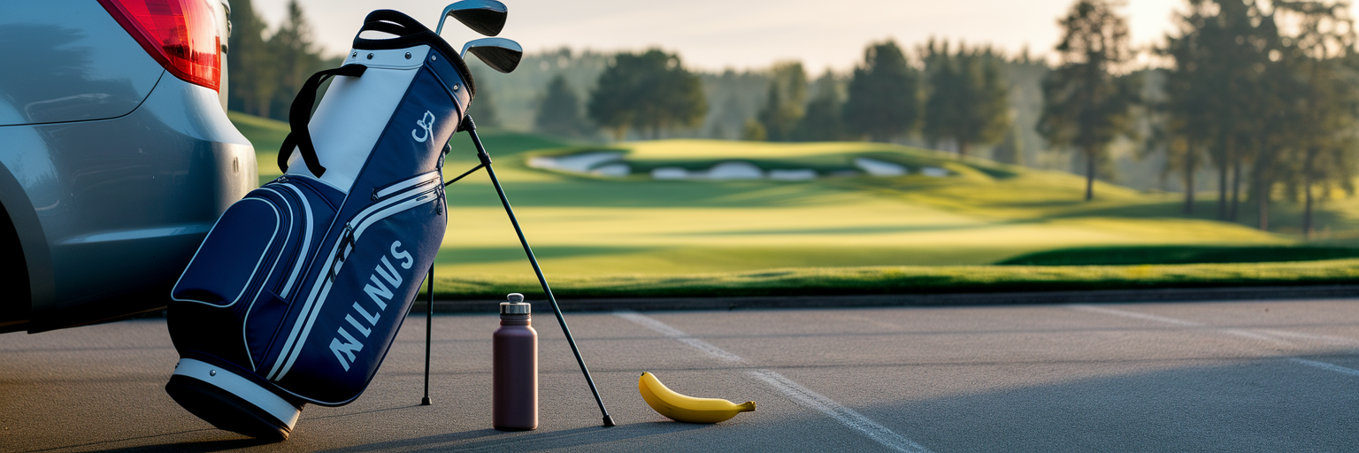 Golfer's pre-round preparation with water bottle.