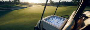 Golf cart with cooler of drinks on course.