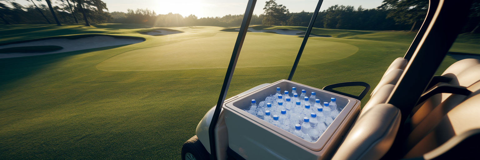 Golf cart with cooler of drinks on course.