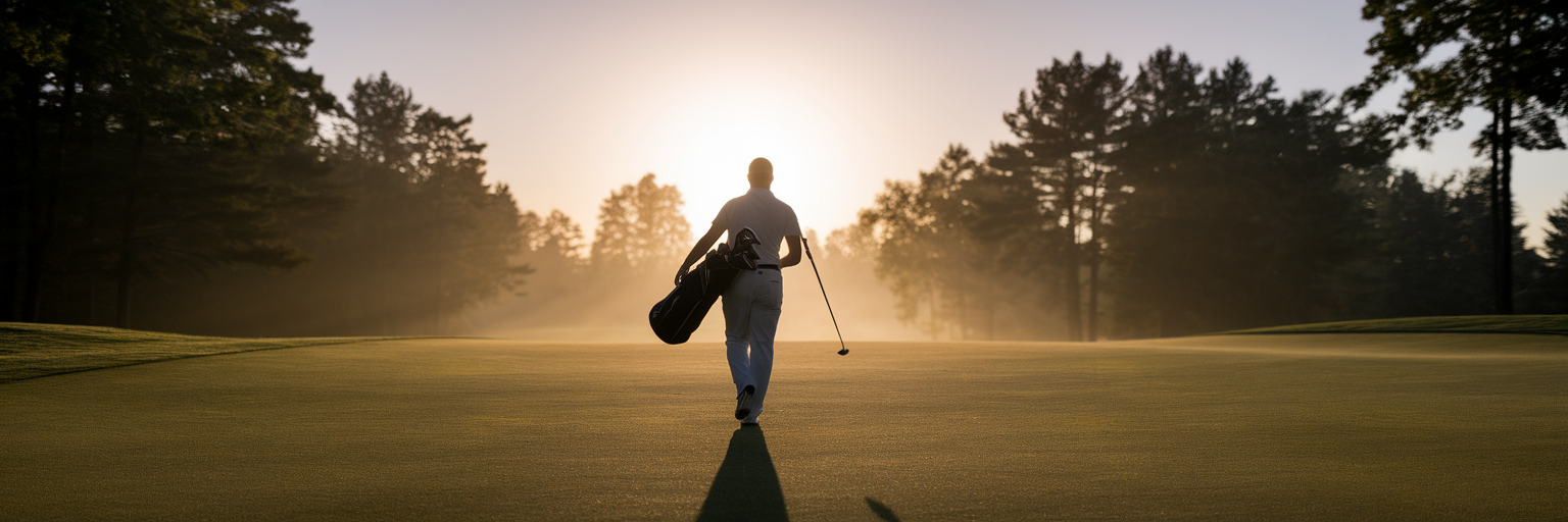 Golfer walking onto course at sunrise.