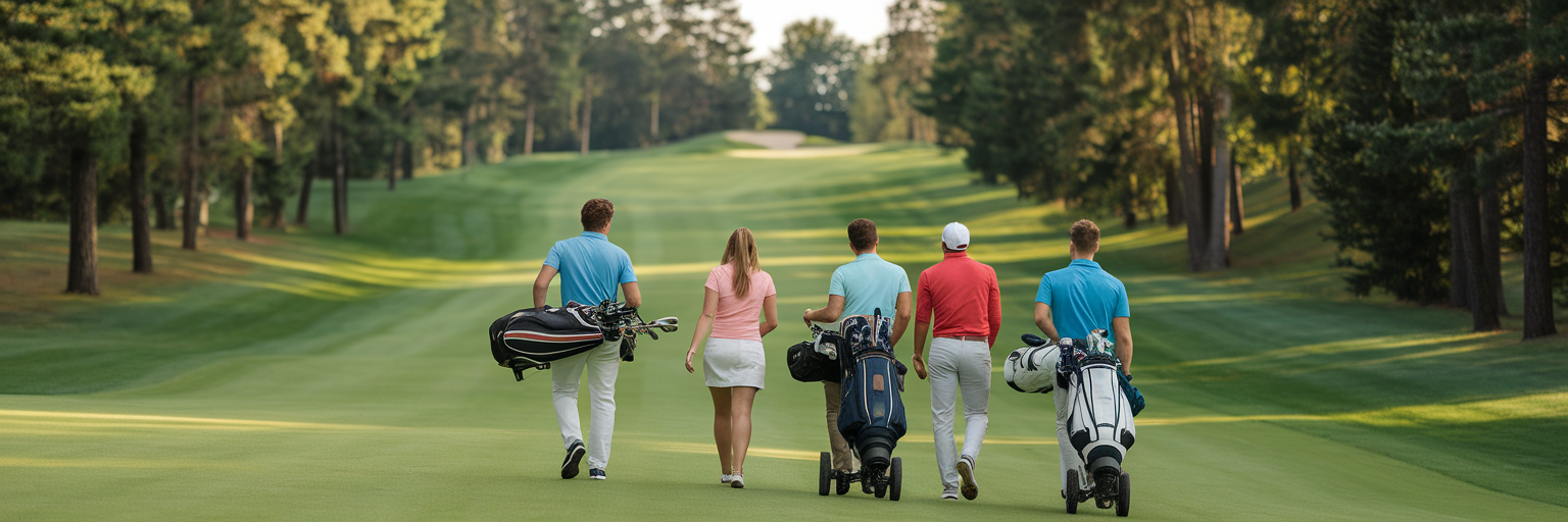 Friends walking together on golf course.