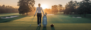 Beginner golfer on course at sunrise.