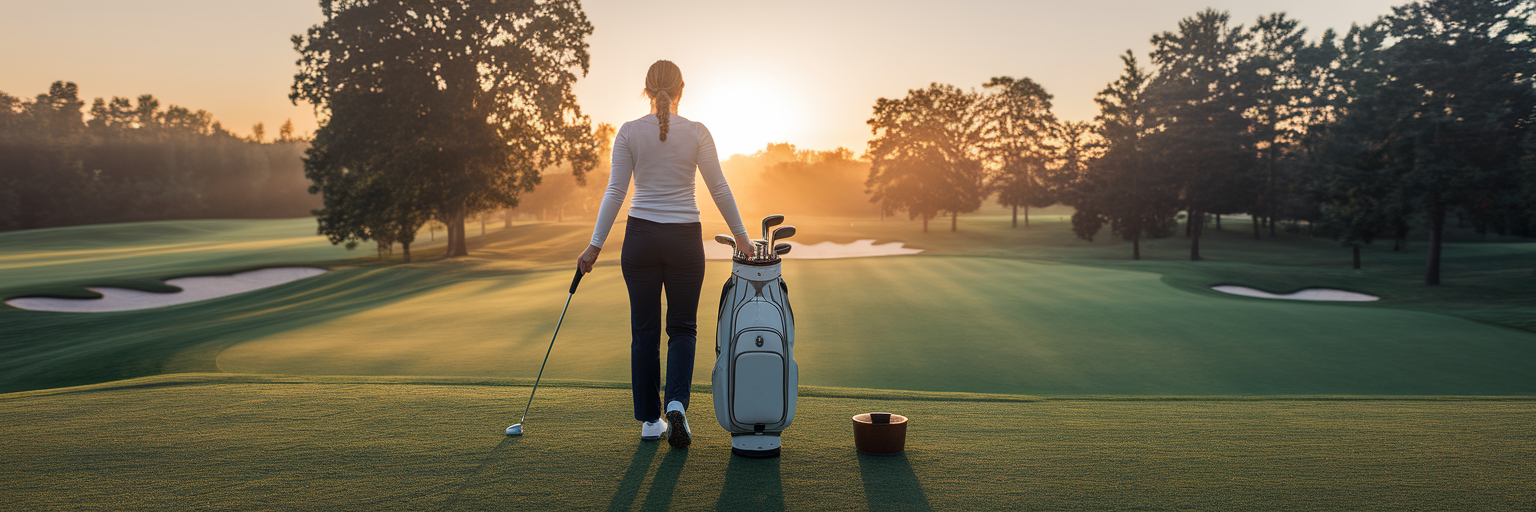 Beginner golfer on course at sunrise.