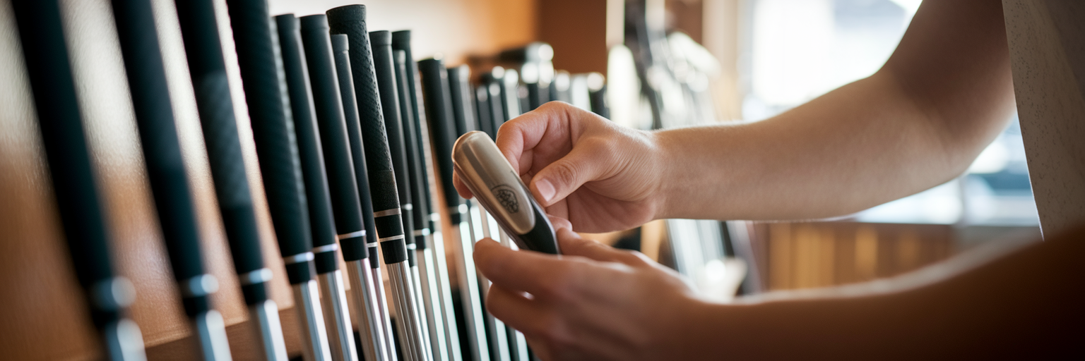 Inspecting grip of a second-hand golf club.