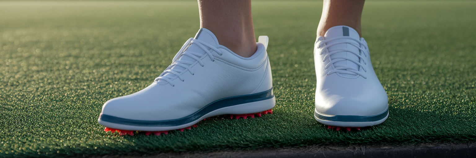 Modern spikeless golf shoes on green grass.