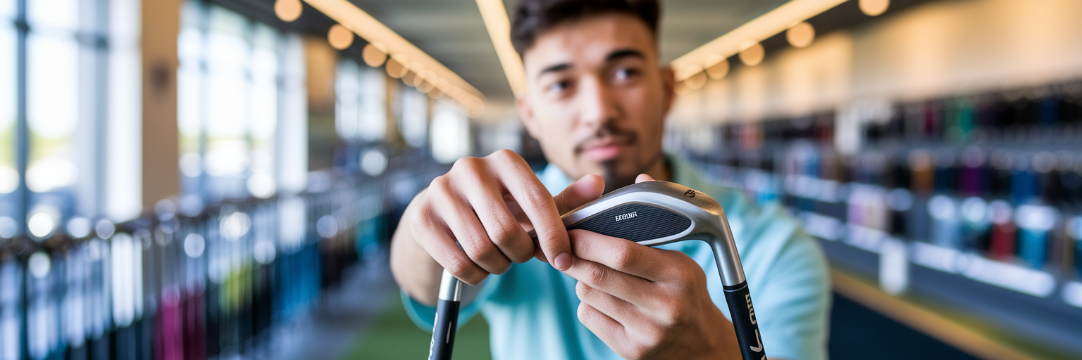 Beginner golfer inspecting a golf club grip in a shop.
