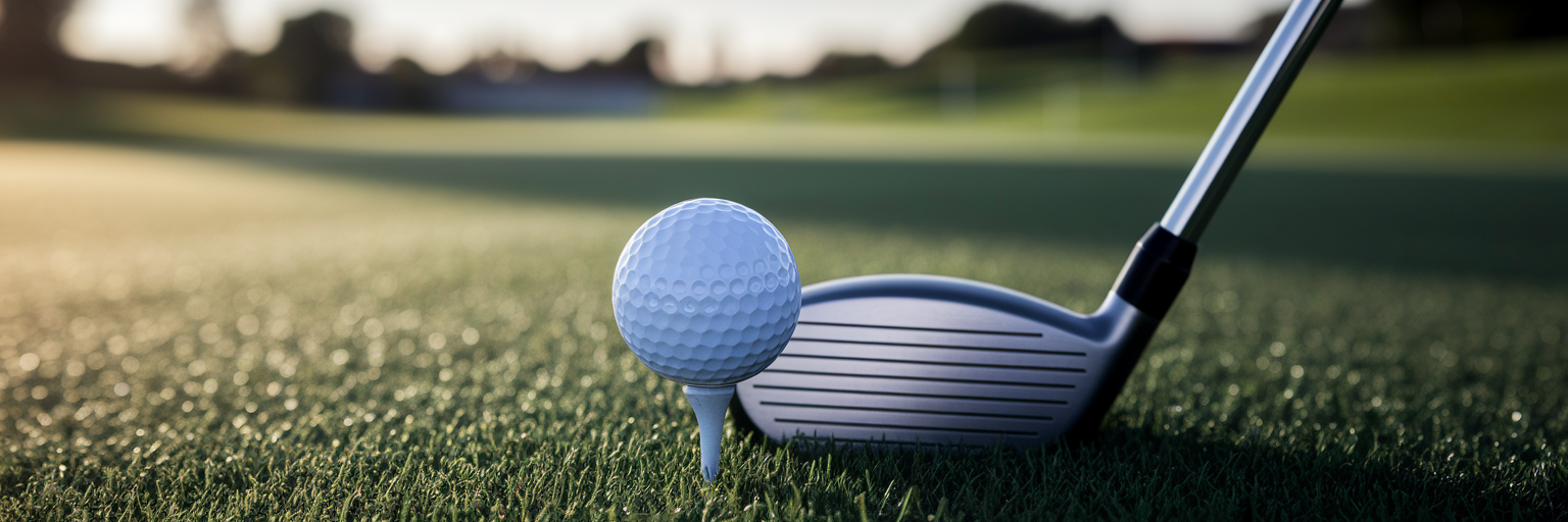 Driver club head approaching a golf ball on a tee.