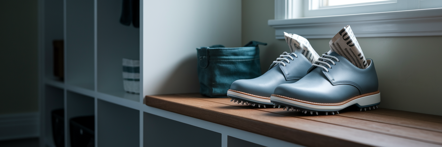 Golf shoes with newspaper drying indoors.