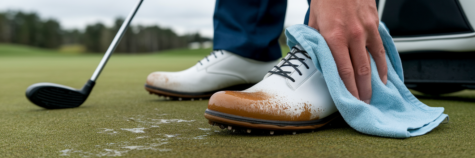 Golfer cleaning a waterproof golf shoe.