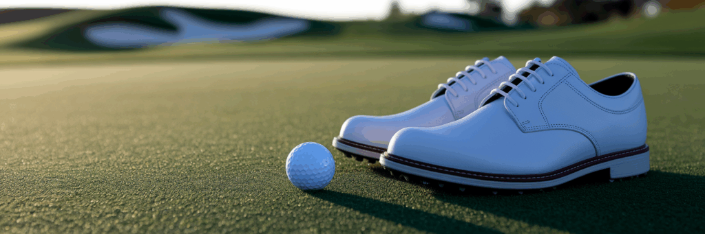 Clean golf shoes on green grass.