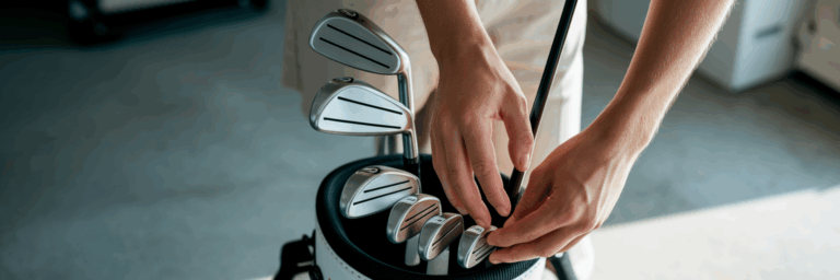 New set of golf clubs being placed in a golf bag.