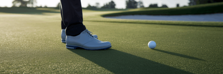 Beginner golfer's shoes on a course