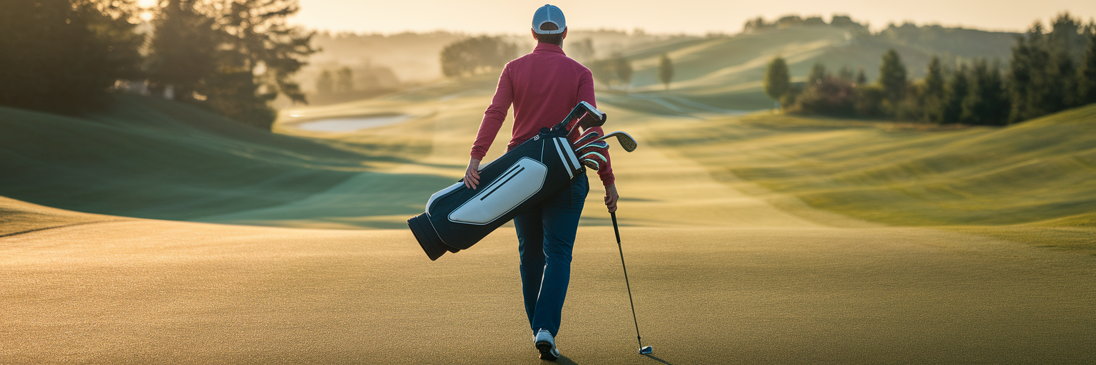 Golfer with lightweight bag at sunrise.