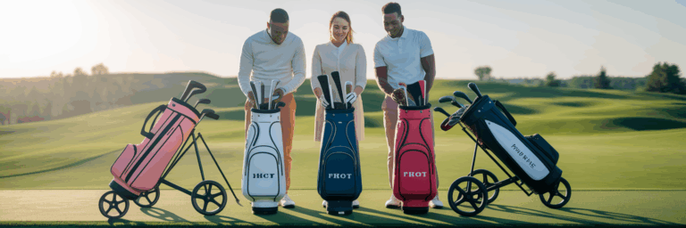 Beginner golfers comparing different golf bags.