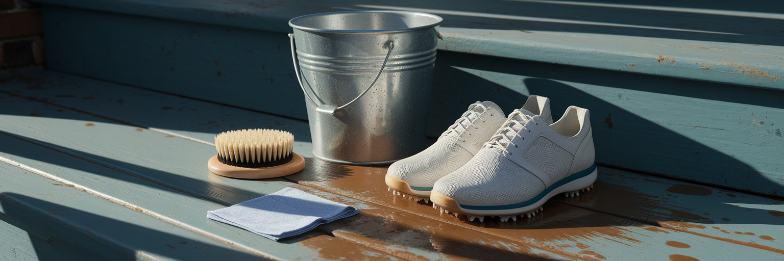 Golf shoes and cleaning tools on porch.