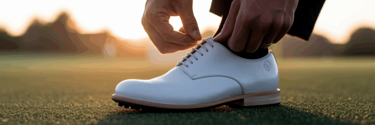 Golfer tying new golf shoes on course.