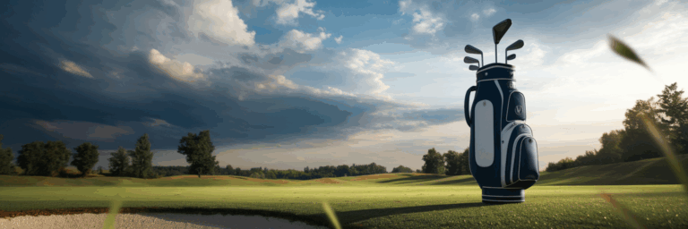 Golf bag on course with dramatic sky.