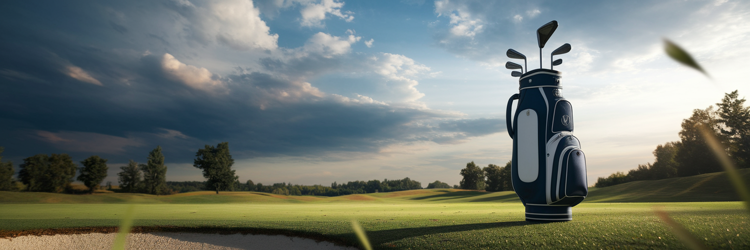 Golf bag on course with dramatic sky.