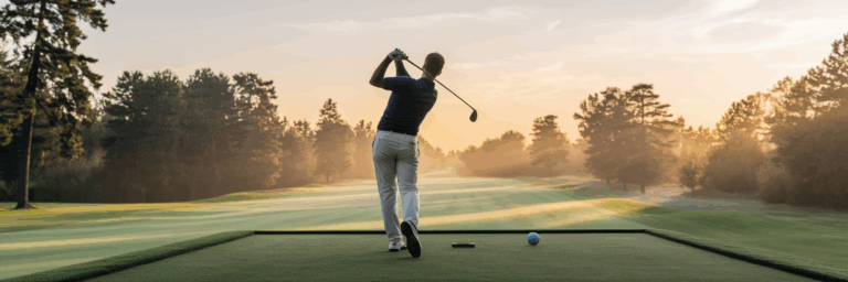 Golfer finishing swing on tee box at sunrise.