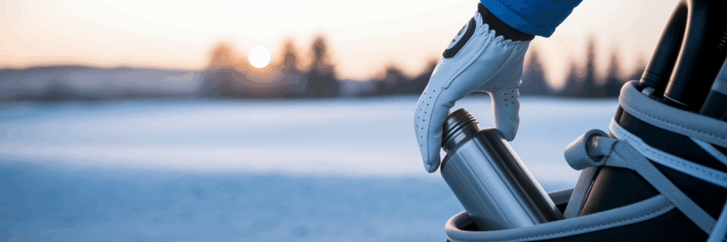 Golfer grabbing flask from bag in winter.
